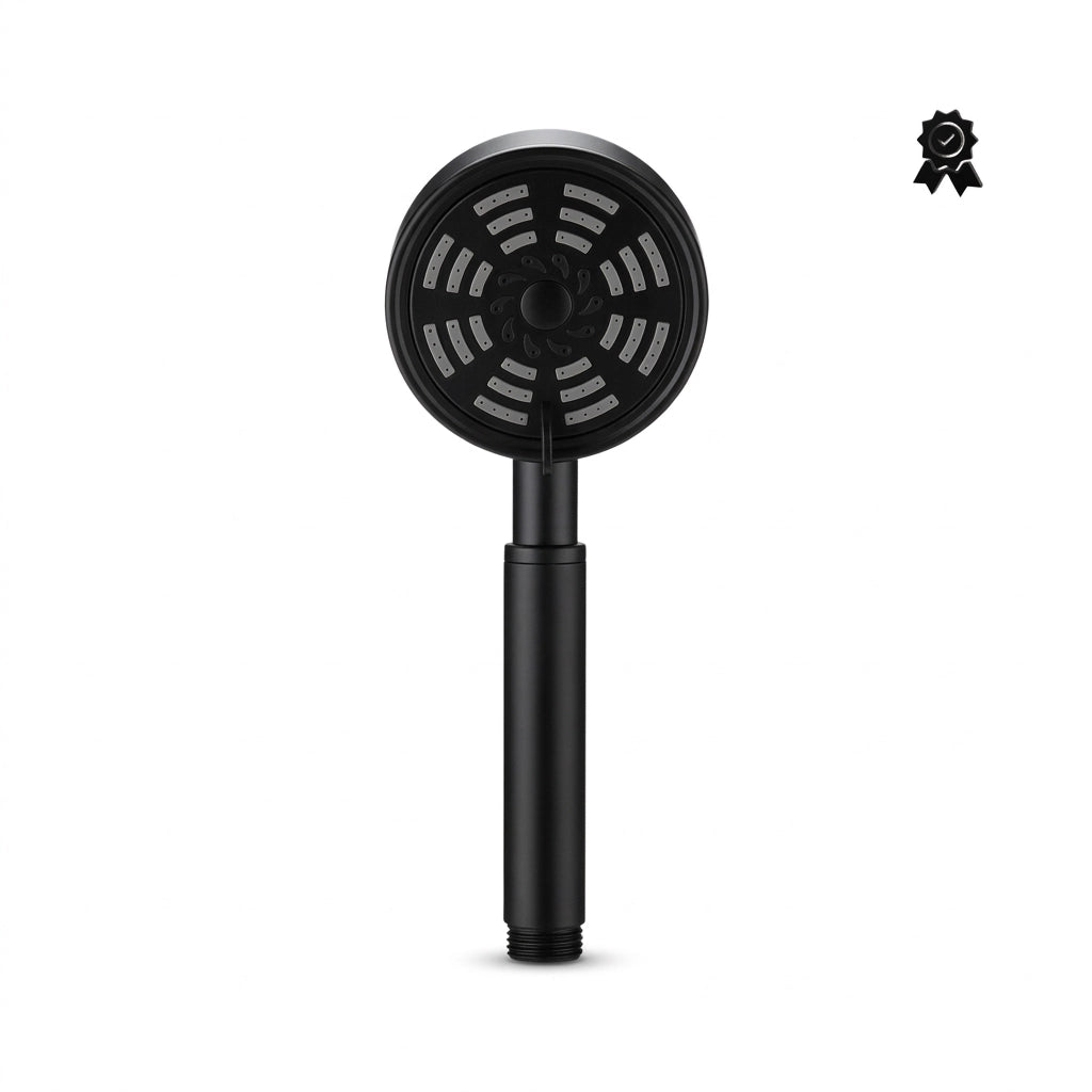 Pommeau de douche noir pulvérisateur vu de face sur fond blanc