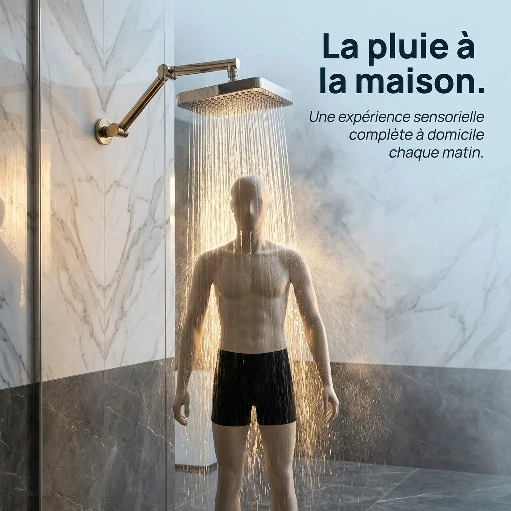 Pommeau de douche à pluie rectangulaire haute pression - vue de détail sur fond blanc