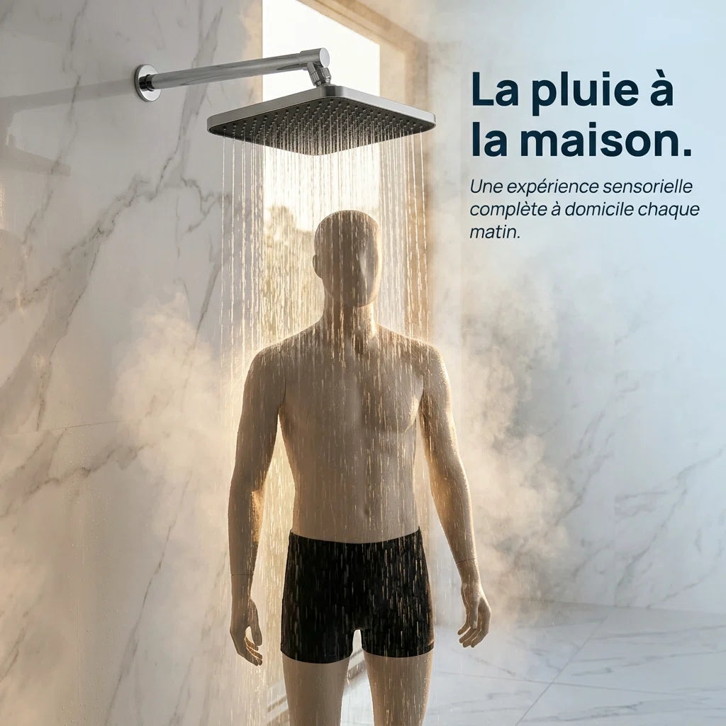 Pommeau de douche à pluie suralimenté - vue de dos sur fond blanc