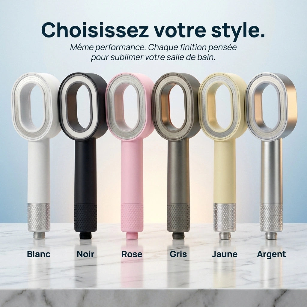 Pommeau de douche premium anticalcaire présenté de côté avec différents colories.