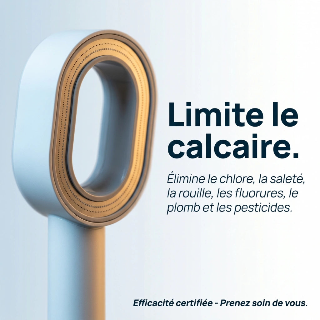 Pommeau de douche premium anticalcaire limite le calcaire vu de côté.
