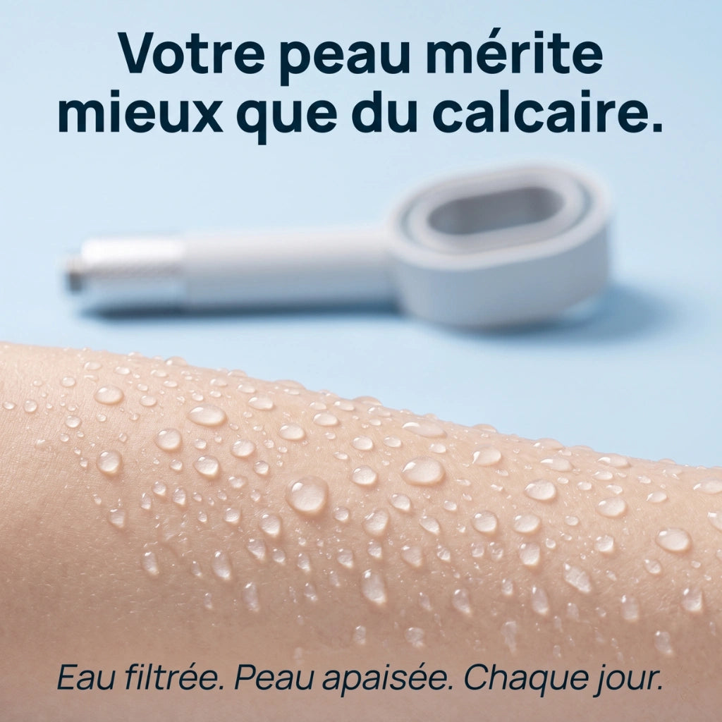 Pommeau de douche premium anticalcaire montrant une meilleure peau contre le calcaire.