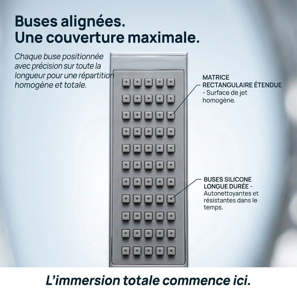 Pommeau de douche rectangulaire économie d'eau - vue de côté sur fond blanc