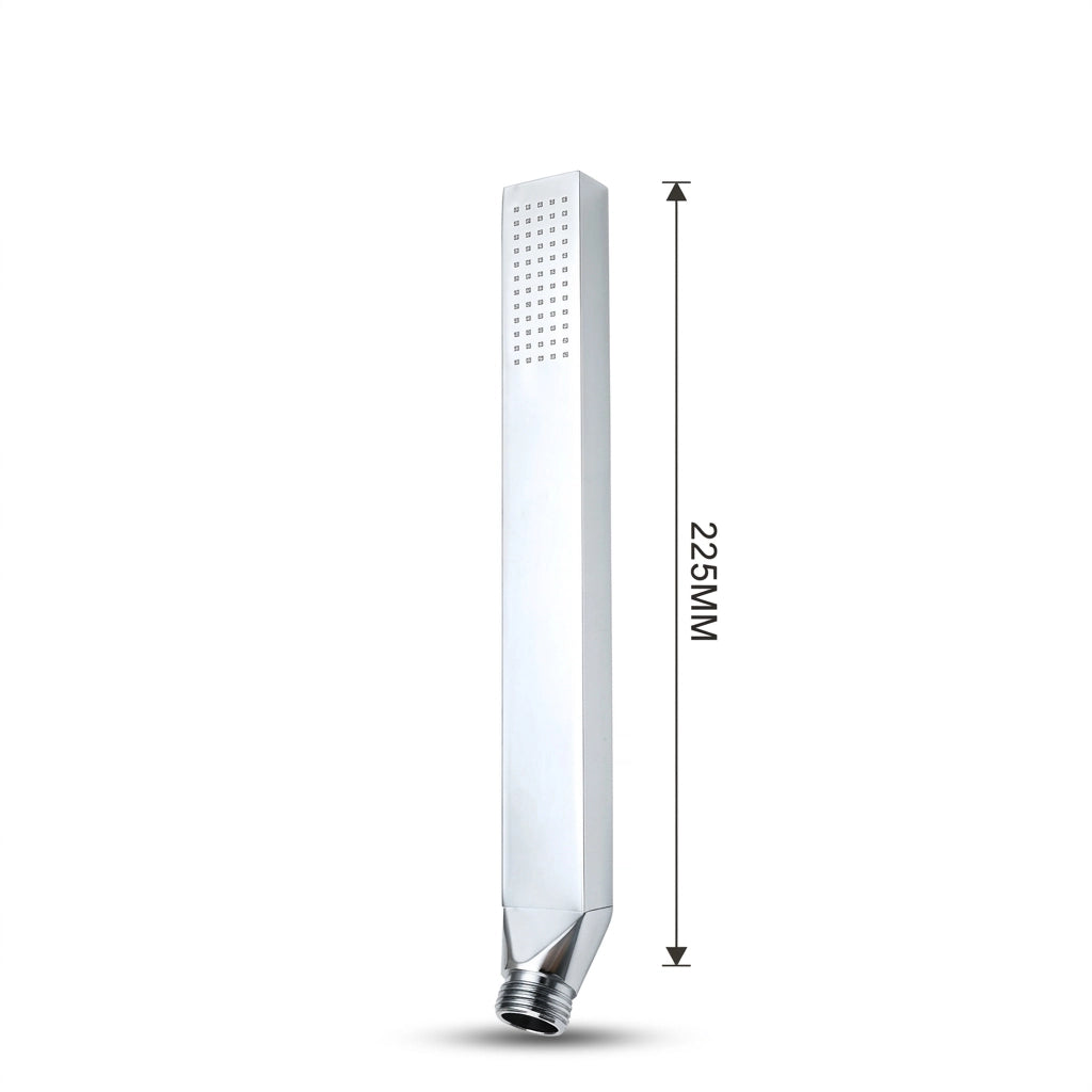 Taille d'un pommeau de douche rectangulaire moderne vu de profil sur fond blanc