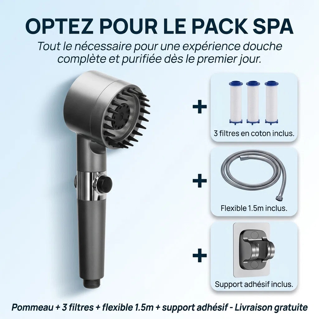Pommeau de douche économique stop eau avec brosse - vue d'ensemble sur fond blanc