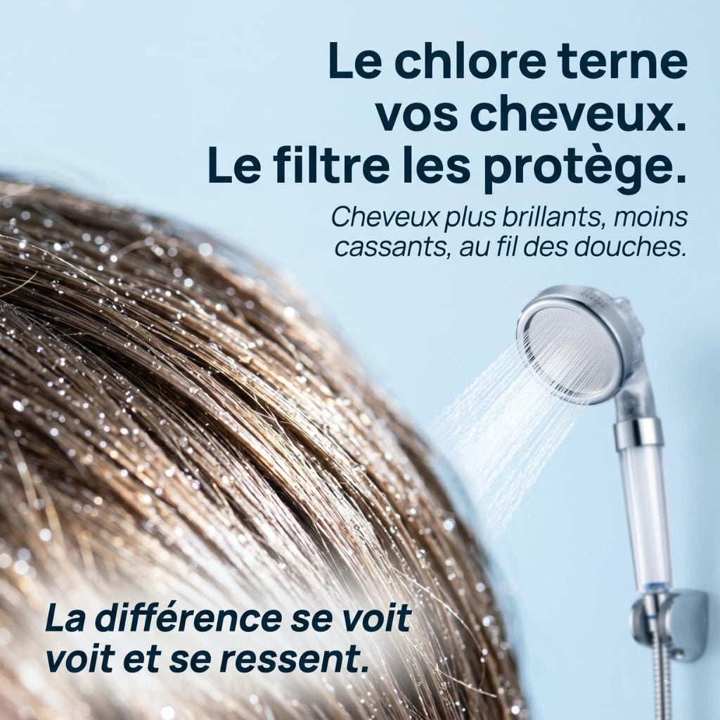 Pommeau de douche transparent filtrant - vue de détail sur fond blanc