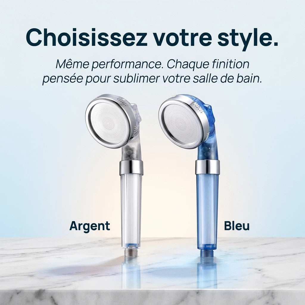 Pommeau de douche transparent filtrant - détail du mécanisme sur fond blanc