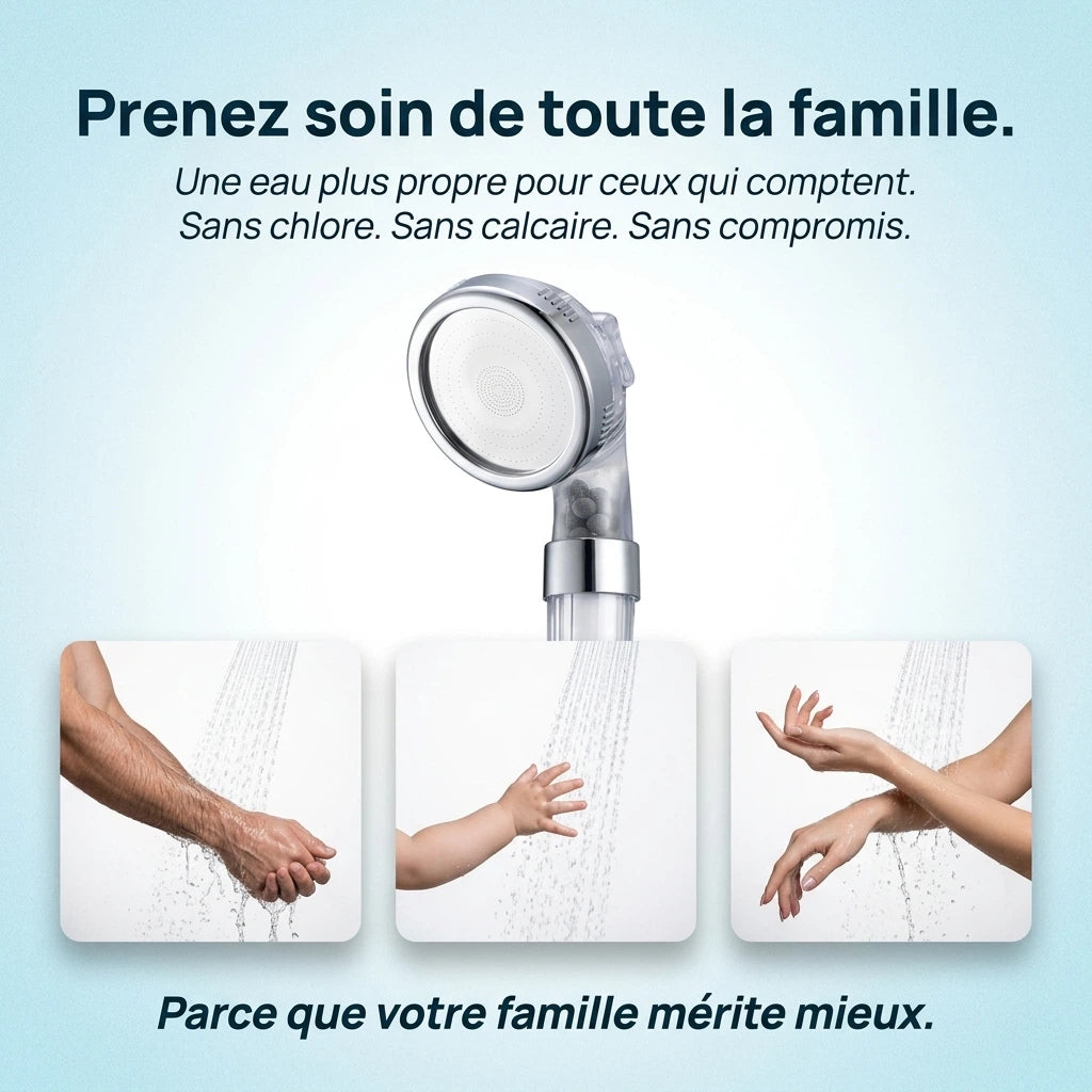 Pommeau de douche transparent filtrant - détail des buses sur fond blanc