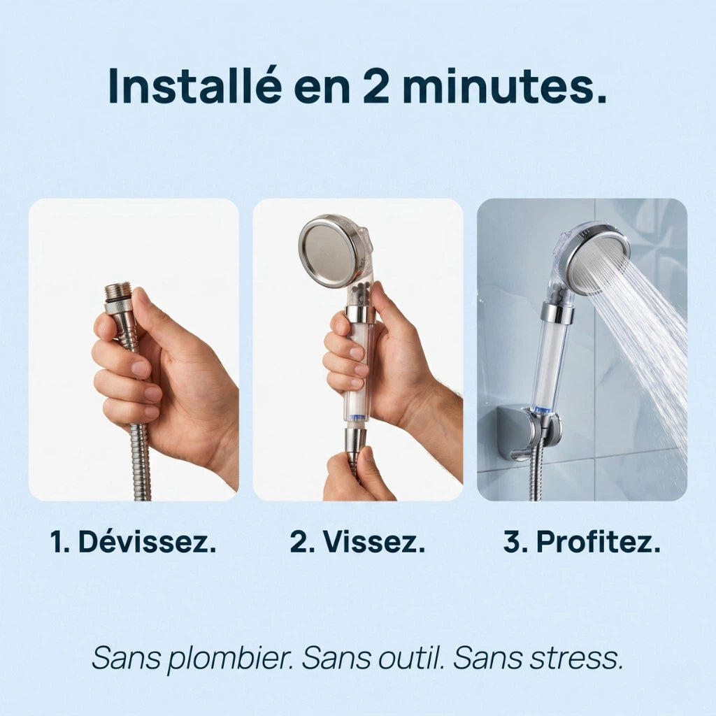 Pommeau de douche transparent filtrant - vue rapprochée sur fond blanc