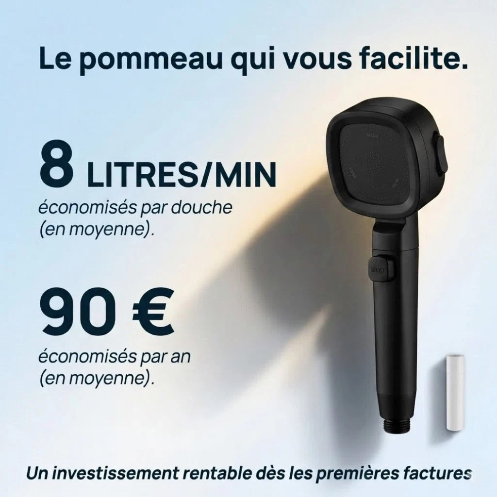 Pommeau de douche noir économique haute pression - détail des buses sur fond blanc