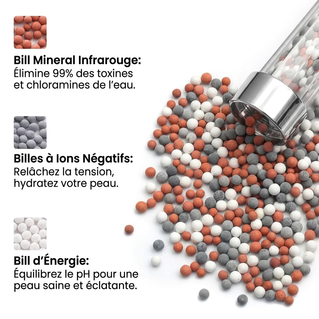Explication du set de billes filtrantes pour pommeau de douche présenté sur fond blanc