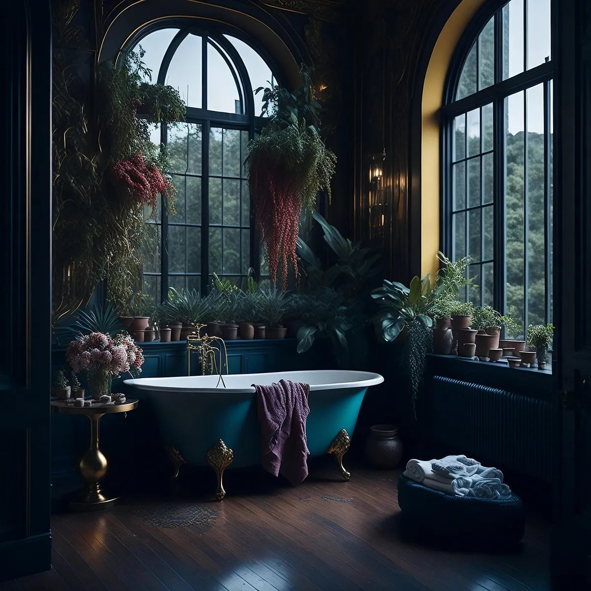 Baignoire sur pieds dans une salle de bain aux tons sombres