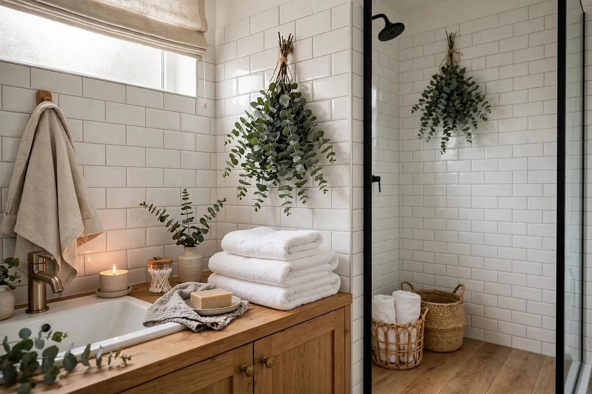 Salle de bain avec meuble en bois et décoration végétale