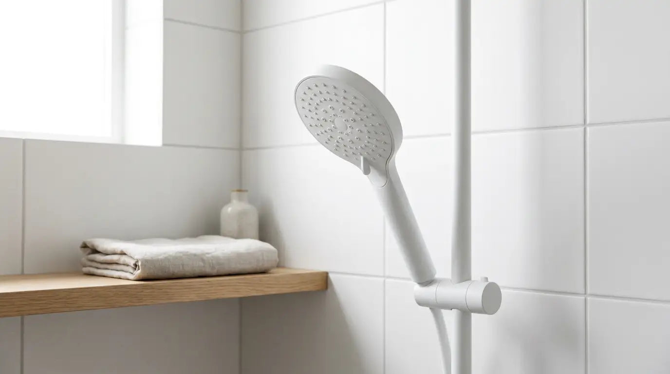 Pommeau de douche blanc mat dans une salle de bain scandinave épurée