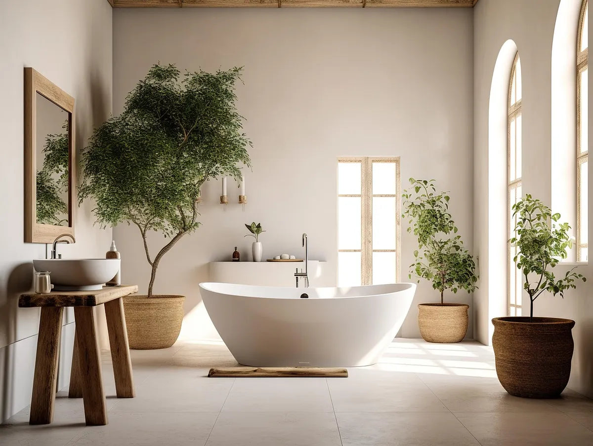 Baignoire îlot dans une salle de bain lumineuse