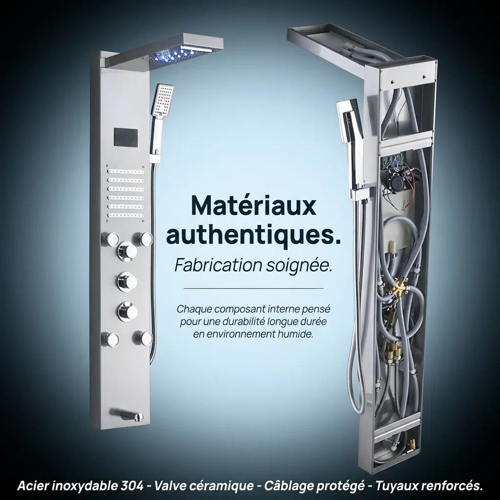 Colonne de douche thermostatique inox - LED intégrée - Double pommeau pluie - détail des buses sur fond blanc