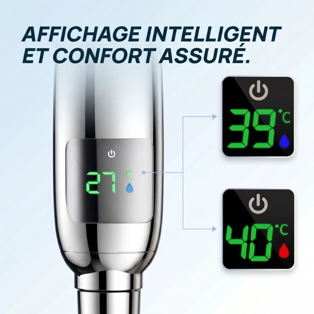 Pommeau de douche économique avec affichage numérique - vue de côté sur fond blanc