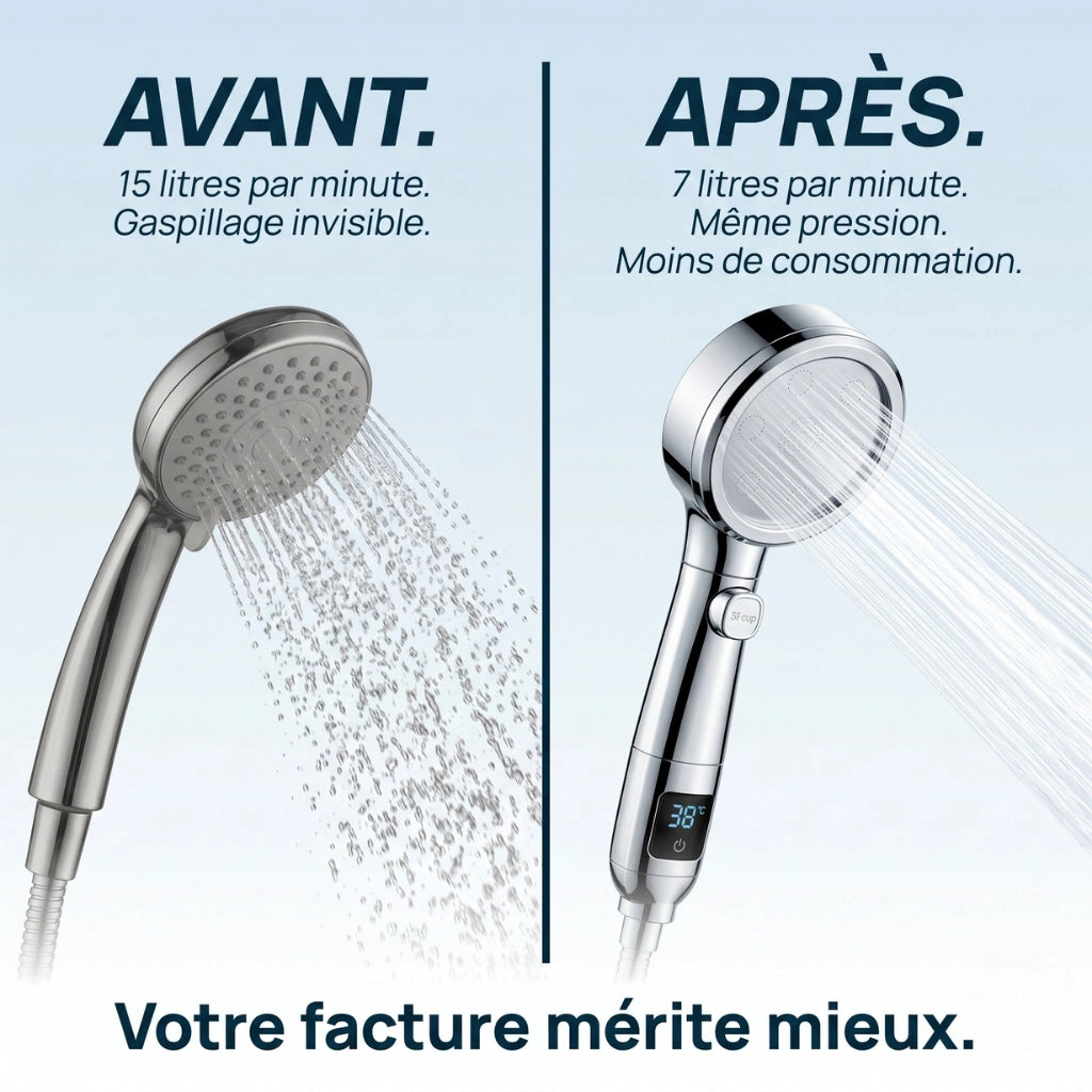 Pommeau de douche économique avec affichage numérique - détail du mécanisme sur fond blanc