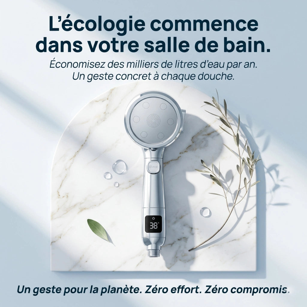 Pommeau de douche économique avec affichage numérique - vue d'ensemble sur fond blanc