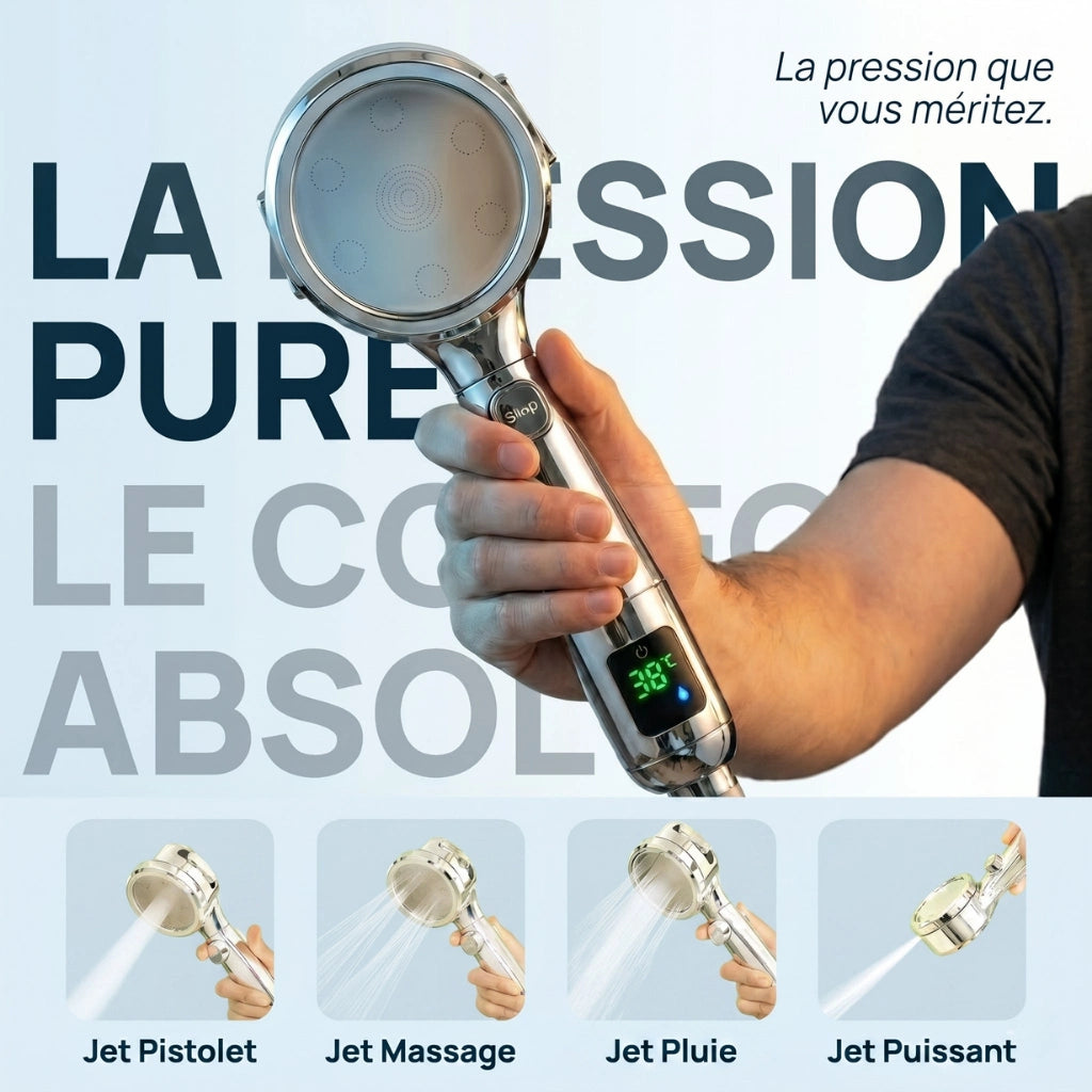 Pommeau de douche économique avec affichage numérique - vue de face sur fond blanc