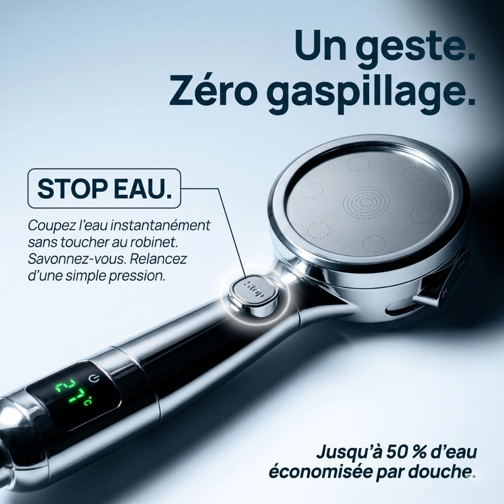 Pommeau de douche économique avec affichage numérique - vue de dos sur fond blanc
