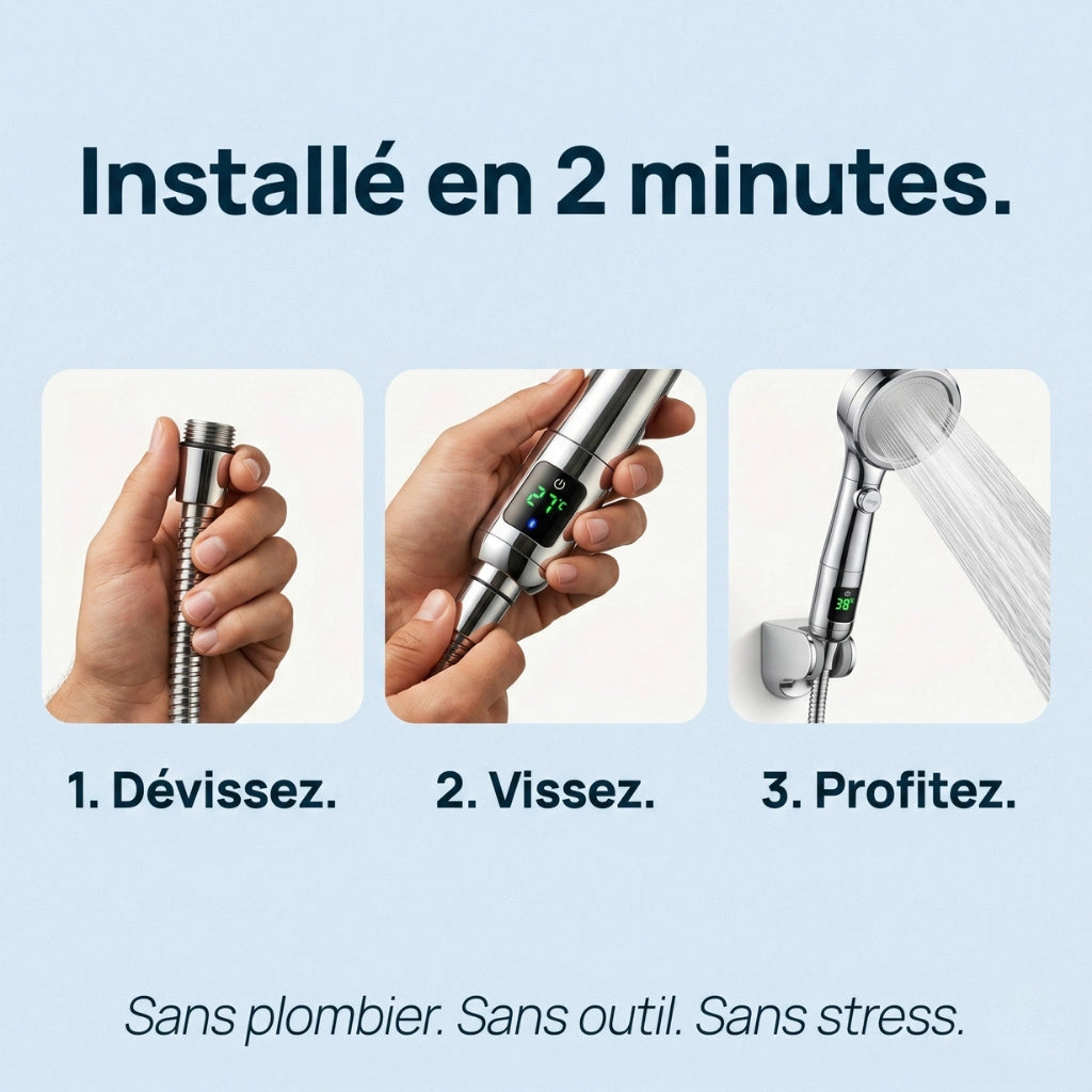 Pommeau de douche économique avec affichage numérique - vue de détail sur fond blanc