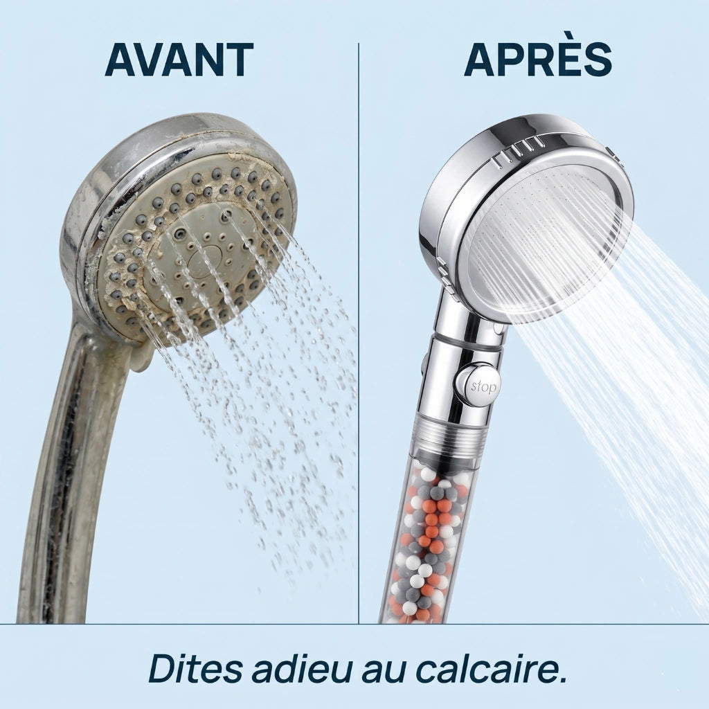 Comparaison pommeau de douche avec billes filtrantes anticalcaire et pommeau ordinaire.