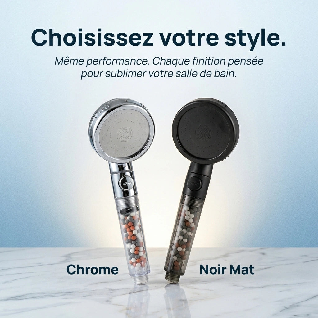 Variantes couleurs pommeau de douche avec billes filtrantes anticalcaire présenté de face.