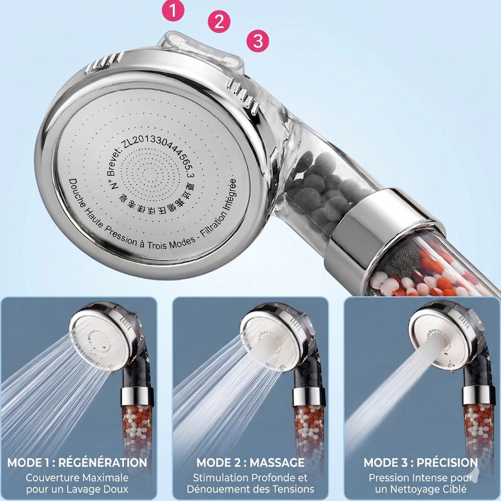 Explication du changement des modes pommeau de douche avec billes filtrantes anticalcaire.