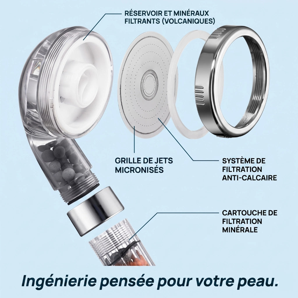 Compartiment d'un pommeau de douche avec billes filtrantes anticalcaire.