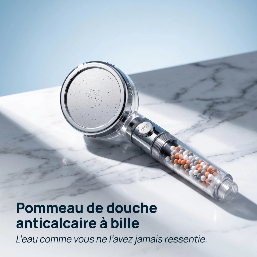 Pommeau de douche avec billes filtrantes anticalcaire posé sur un vasque en marbre.