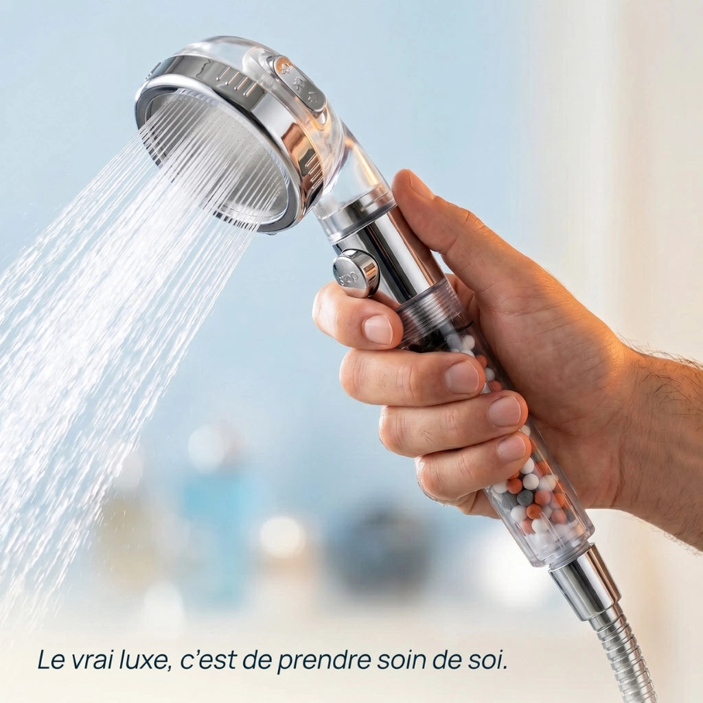 Pommeau de douche à billes anti calcaire en action tenue à la main.
