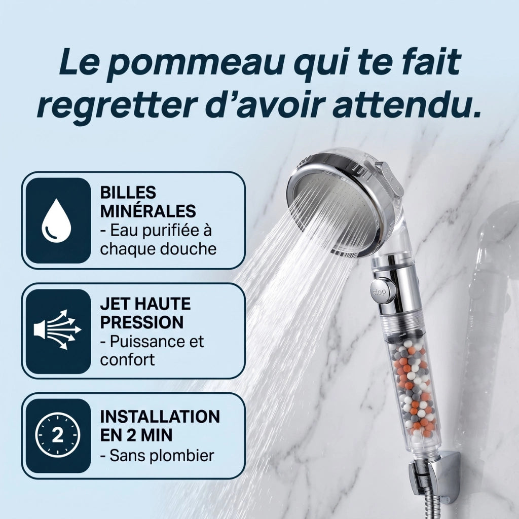 Pommeau de douche avec billes filtrantes anticalcaire avec les avantages produits.