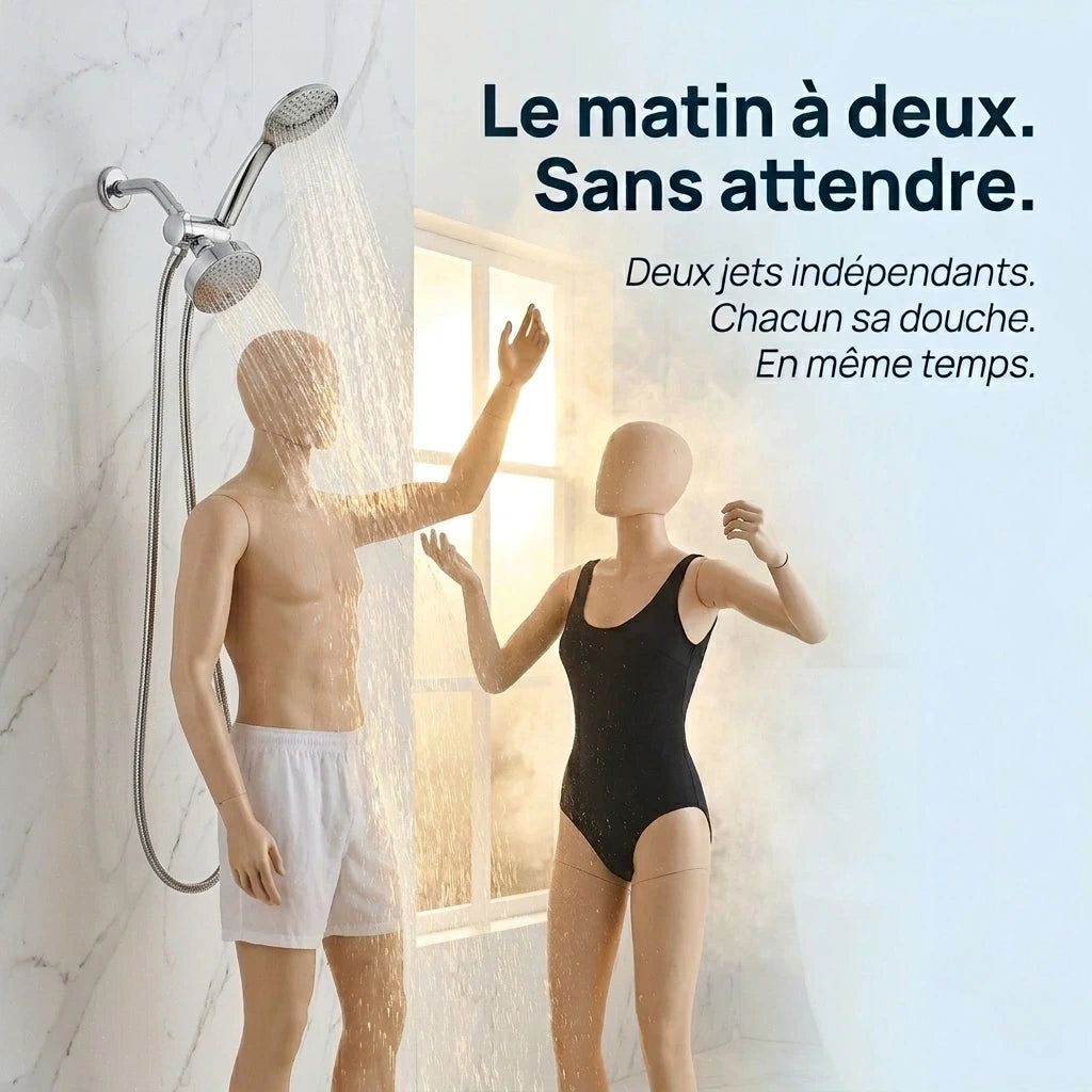 Pommeau de douche double haut débit chrome - vue de détail sur fond blanc