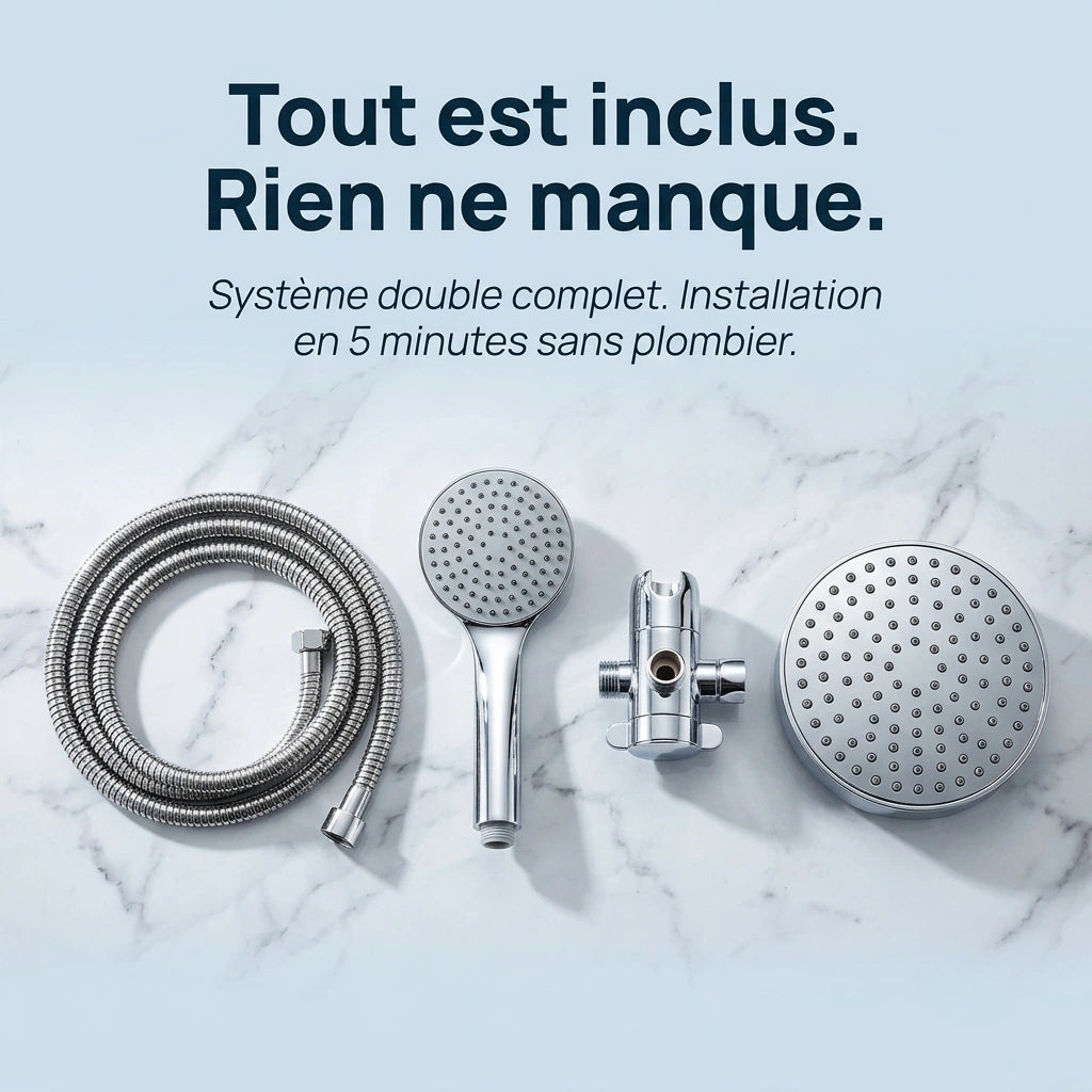 Pommeau de douche double haut débit chrome - vue rapprochée sur fond blanc