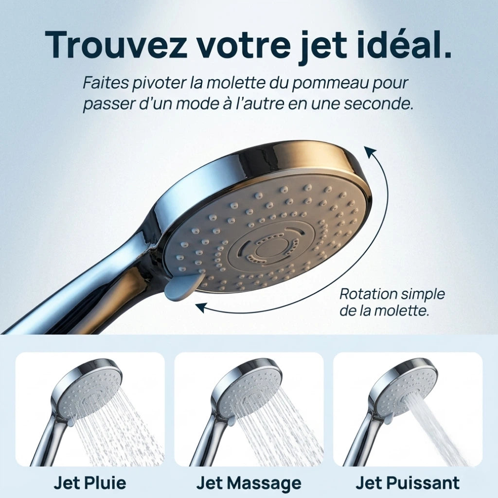 Pommeau de douche double kit complet chrome - vue de côté sur fond blanc