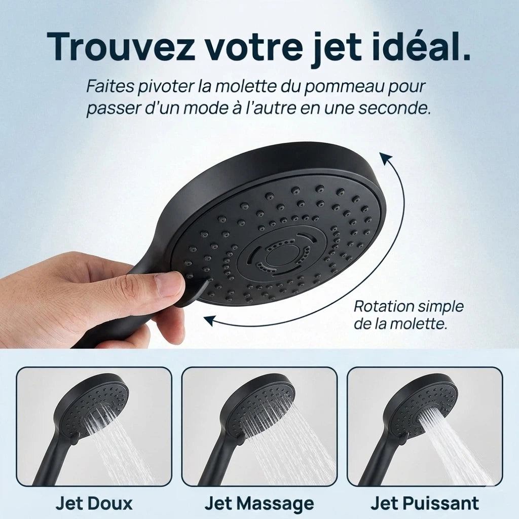 Pommeau de douche double kit complet noir - vue de détail sur fond blanc