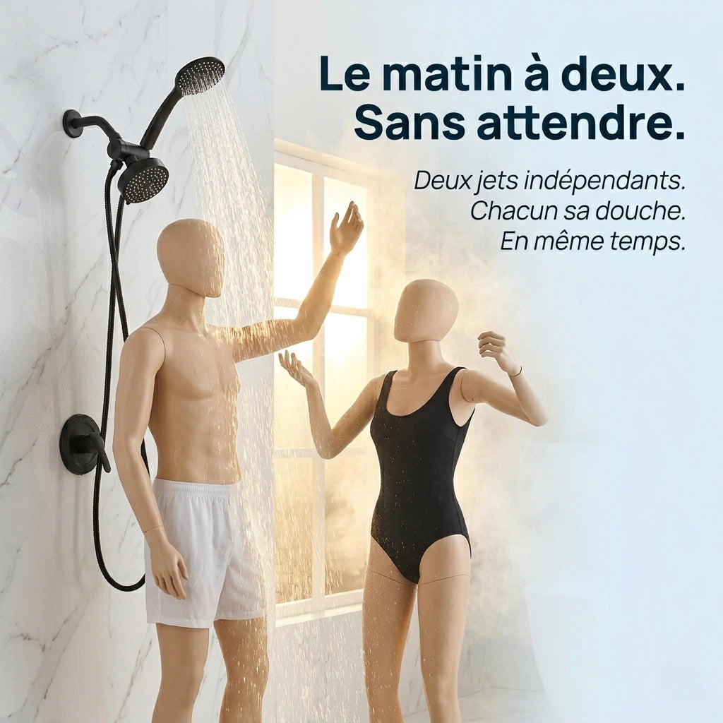 Pommeau de douche double haut débit noir - vue de face sur fond blanc