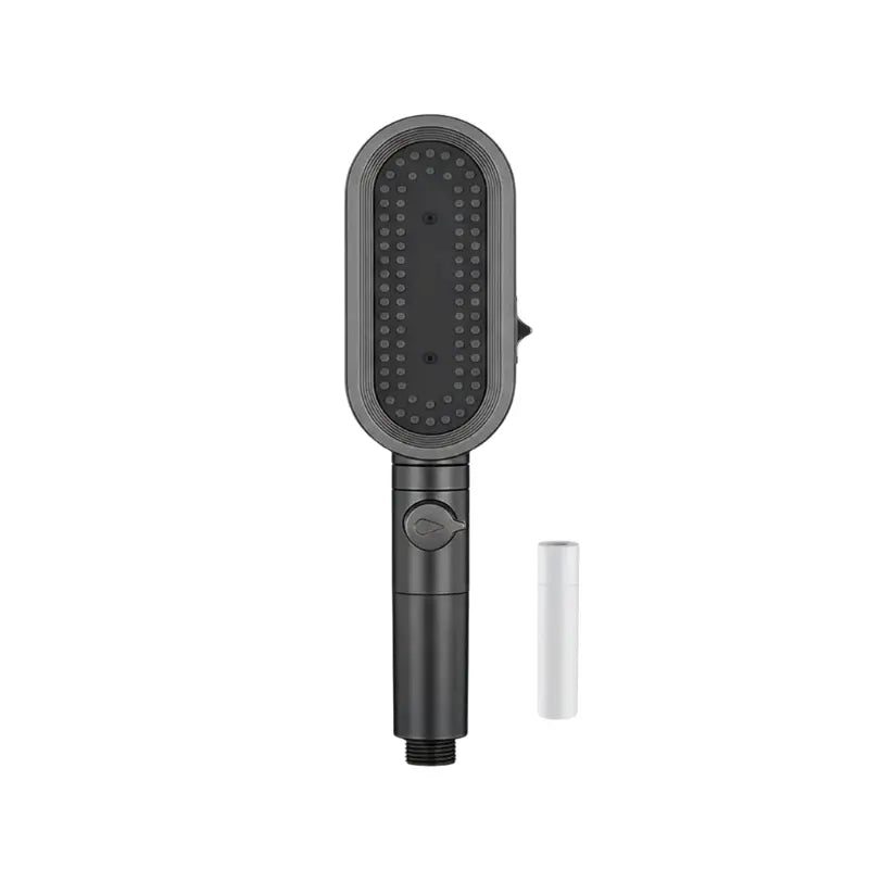 pommeau ovale à buses en gris avec filtre sur fond blanc