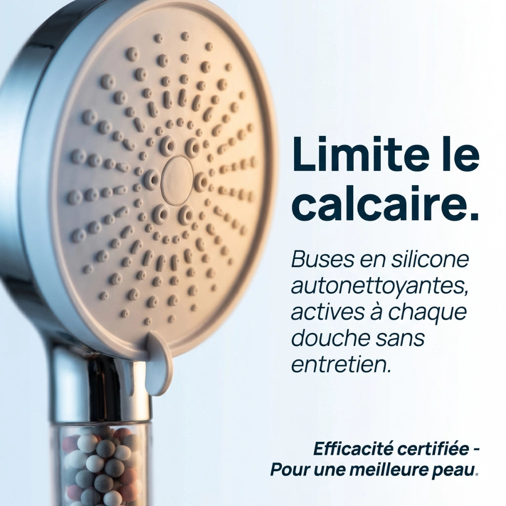 Pommeau de douche anti calcaire à billes 5 modes - vue de face sur fond blanc