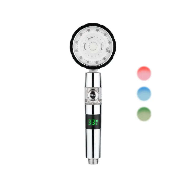 Pommeau de douche blanc à led thermosensible sur fond blanc