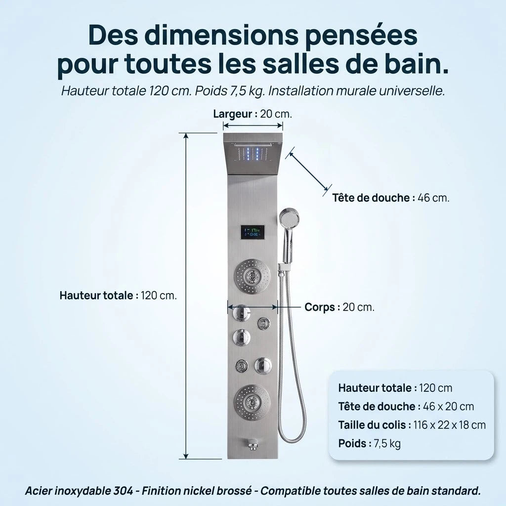 Colonne de douche inox double pommeau - Haute pression - Installation rapide - vue de face sur fond blanc