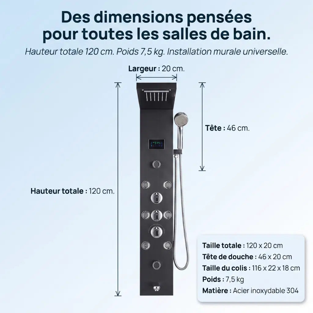Colonne de douche encastrée noire - Jet pluie - Avec mitigeur - vue de face sur fond blanc