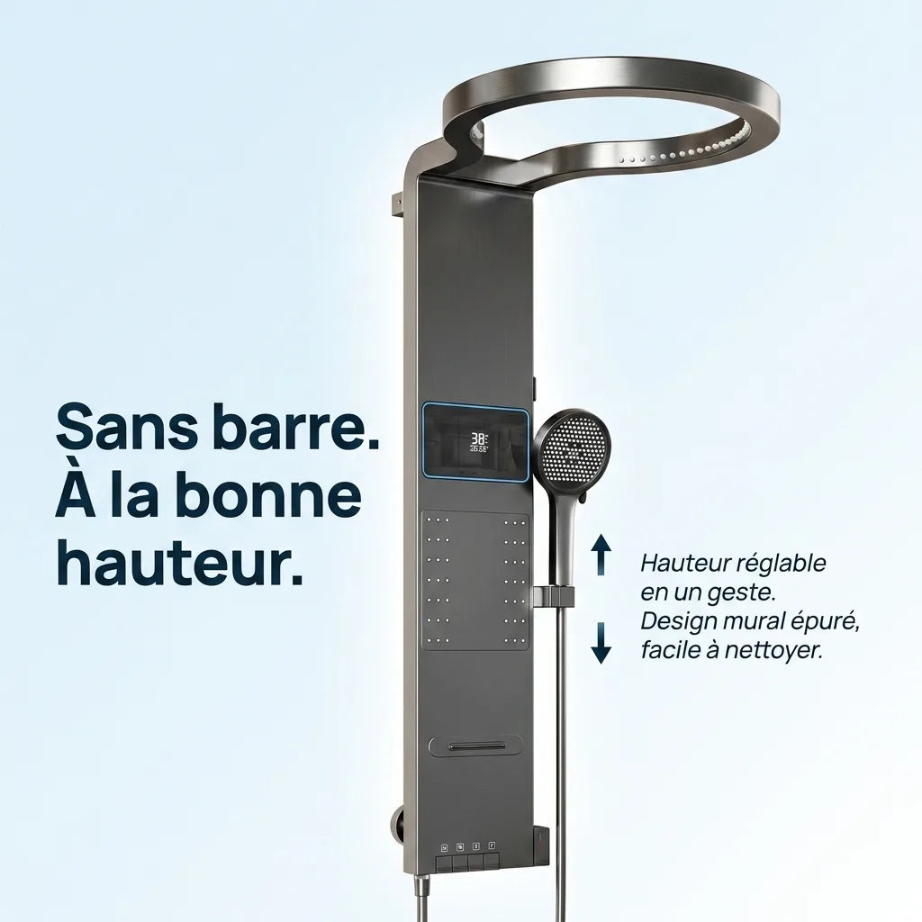 Colonne de Douche Argent Anneau Pluie Céleste Mitigeur LED - détail des buses sur fond blanc