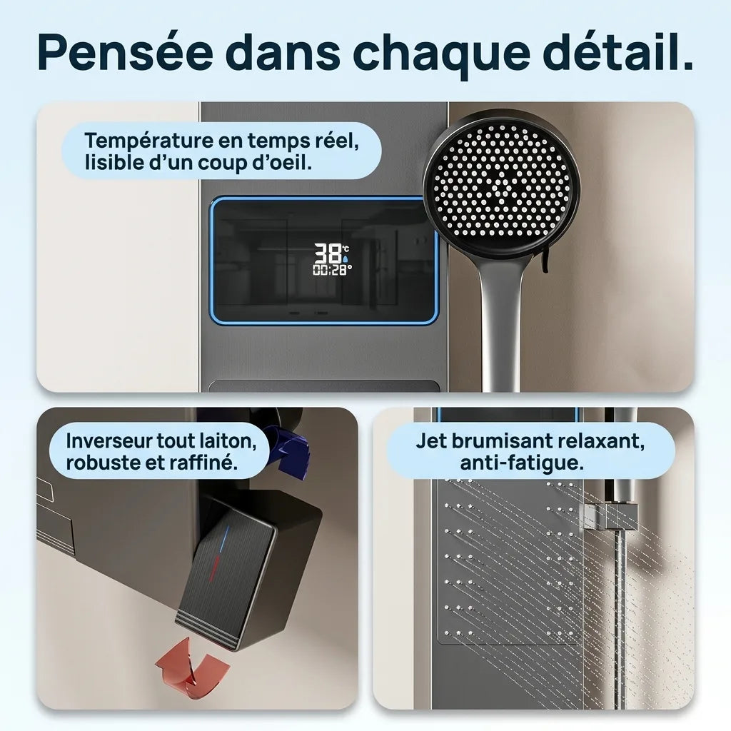 Colonne de Douche Argent Anneau Pluie Céleste Mitigeur LED - vue de face sur fond blanc