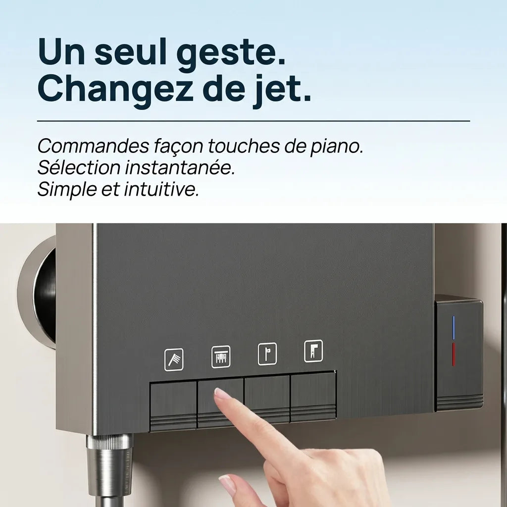 Colonne de Douche Argent Anneau Pluie Céleste Mitigeur LED - vue rapprochée sur fond blanc