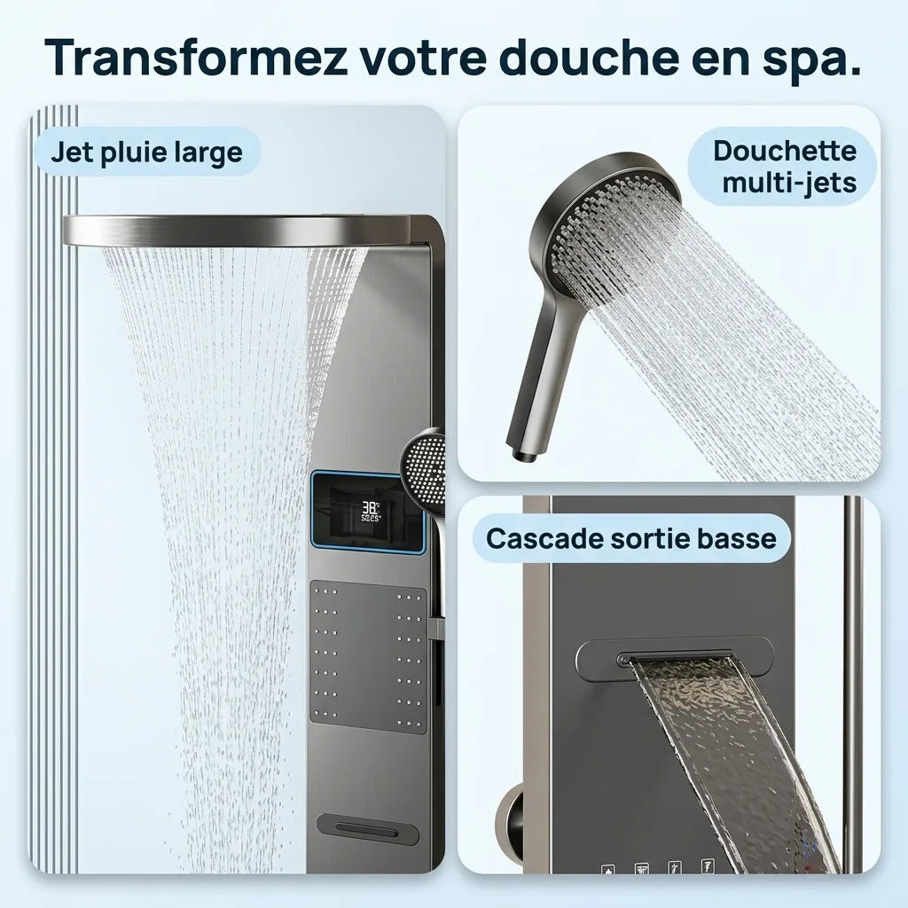 Colonne de Douche Argent Anneau Pluie Céleste Mitigeur LED - vue de côté sur fond blanc