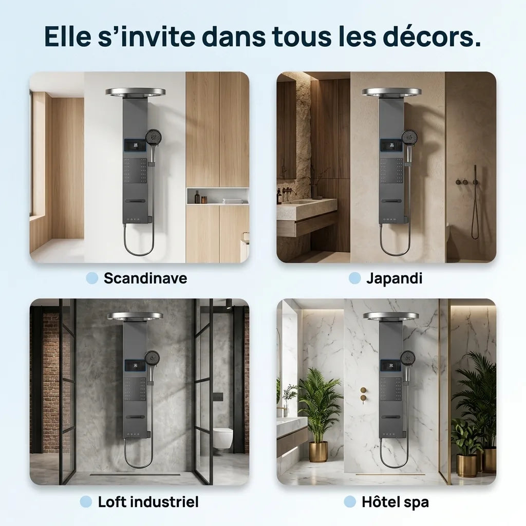 Colonne de Douche Argent Anneau Pluie Céleste Mitigeur LED - vue de dos sur fond blanc
