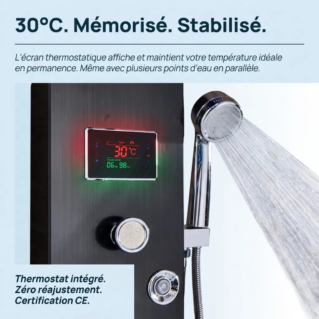 Colonne de douche noire hydromassante mitigeur 6 fonctions robinet - vue de face sur fond blanc