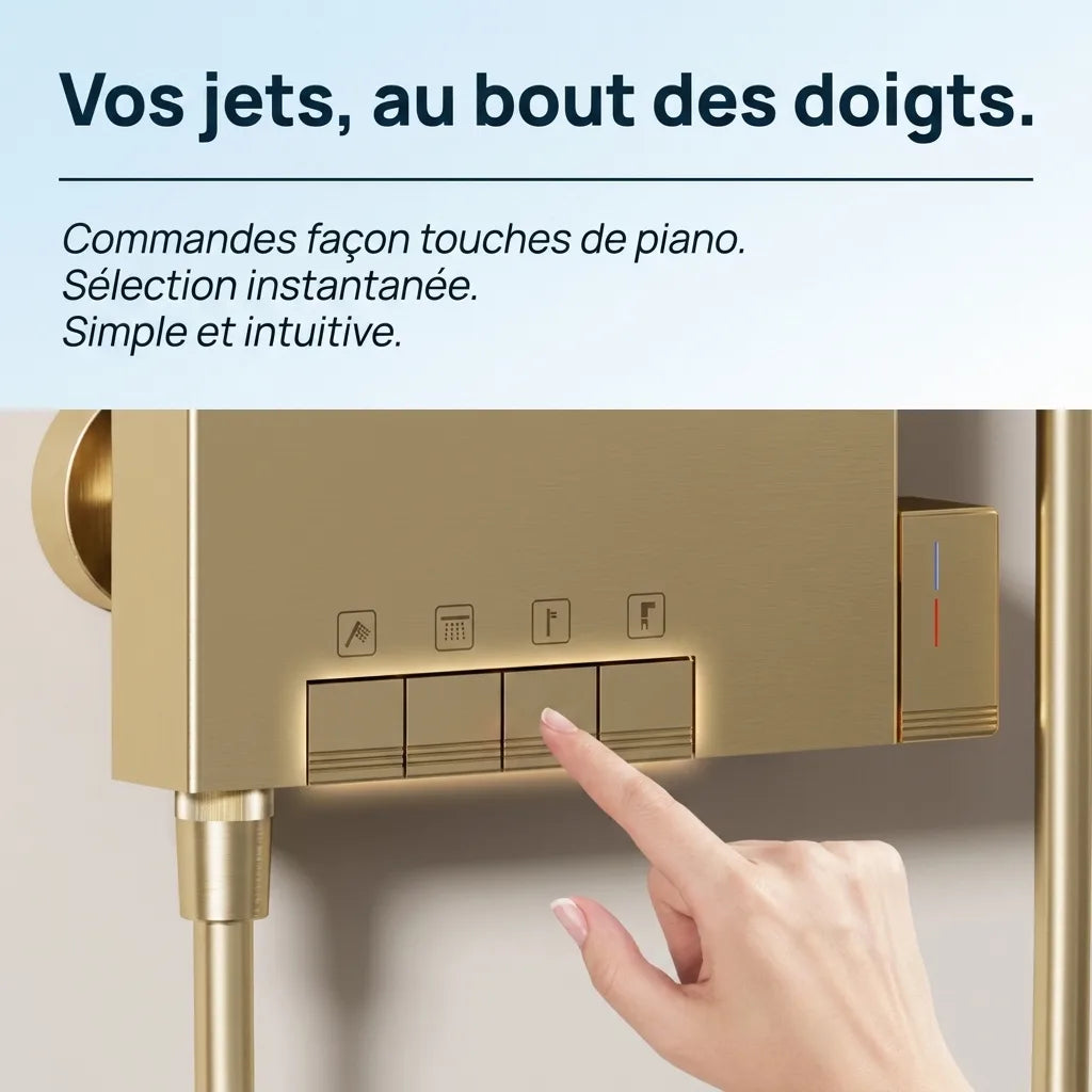 Colonne de Douche Dorée Anneau LED – Panneau Hydromassant, Mitigeur, Affichage Numérique | Aluminium PVD